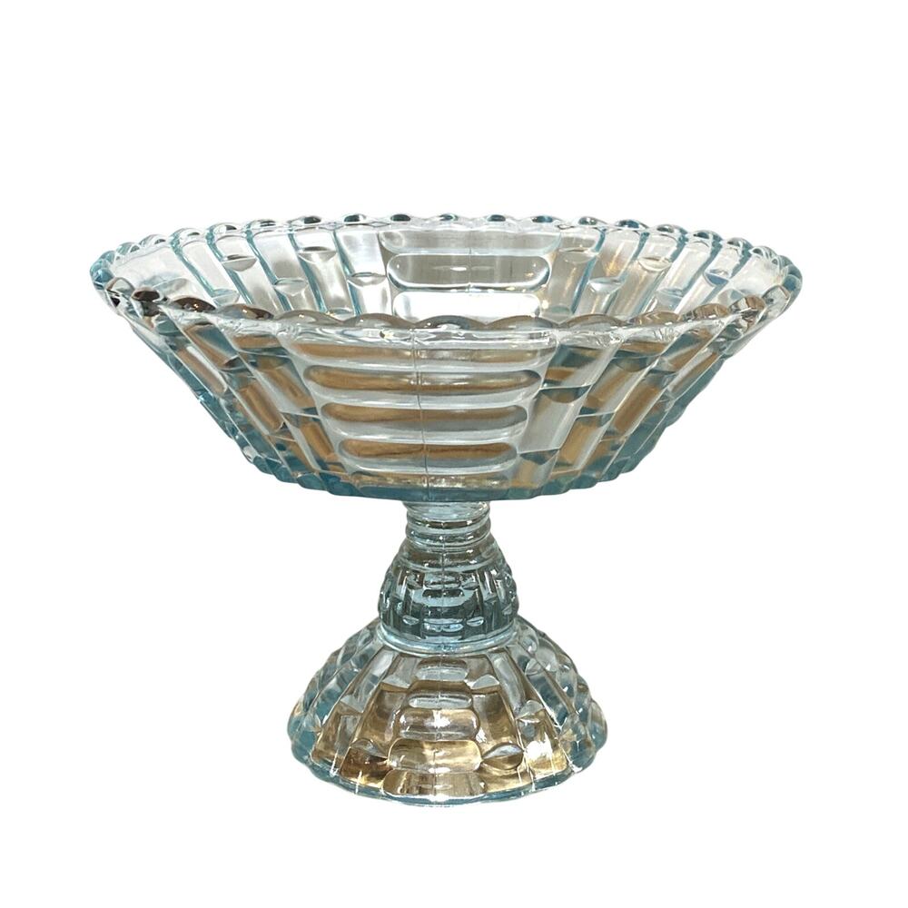 Vintage 1950's Jeannette Glass Louisa Star Lite Blue Footed Compote Bowl 9" Dia
